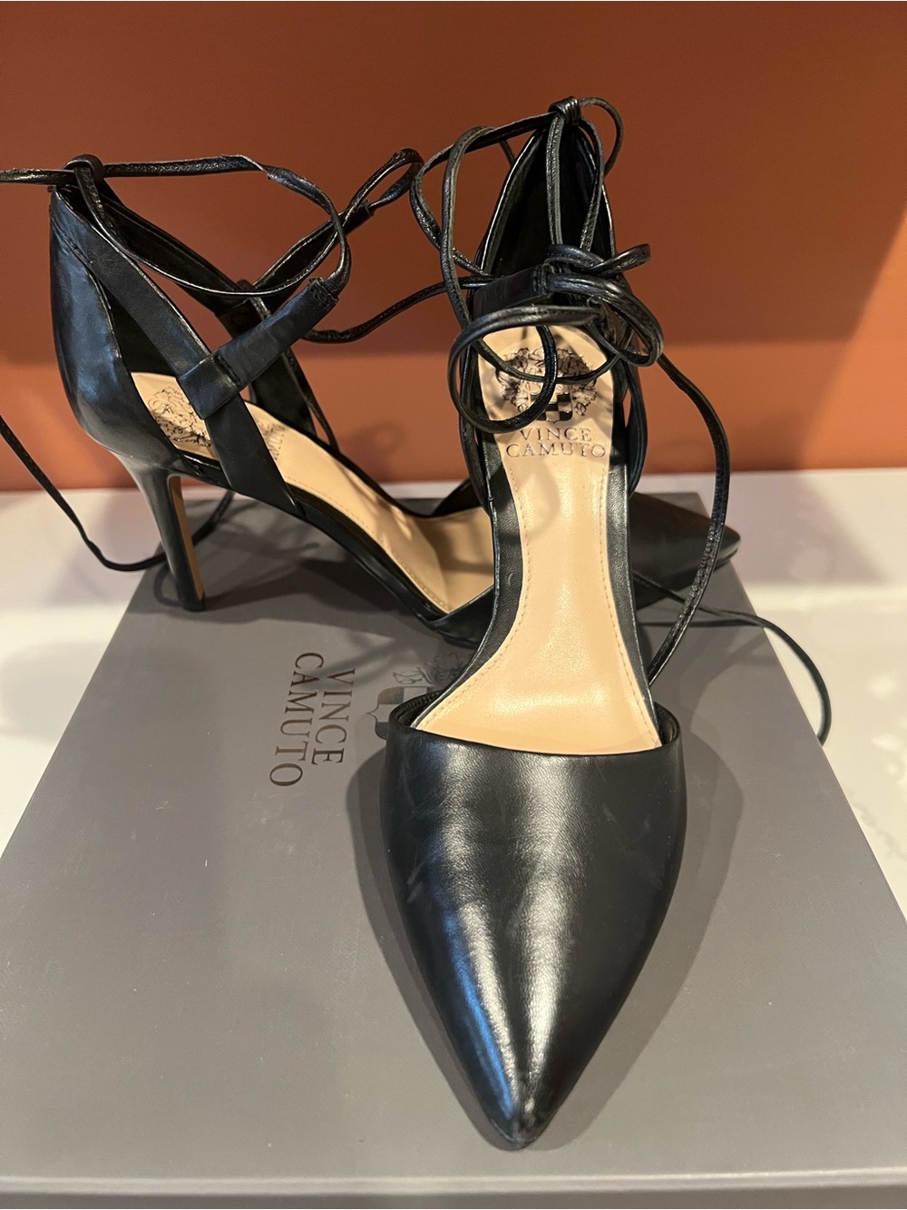 Vince Camuto Black Pointed-Toe Lace-Up Stiletto Heels
